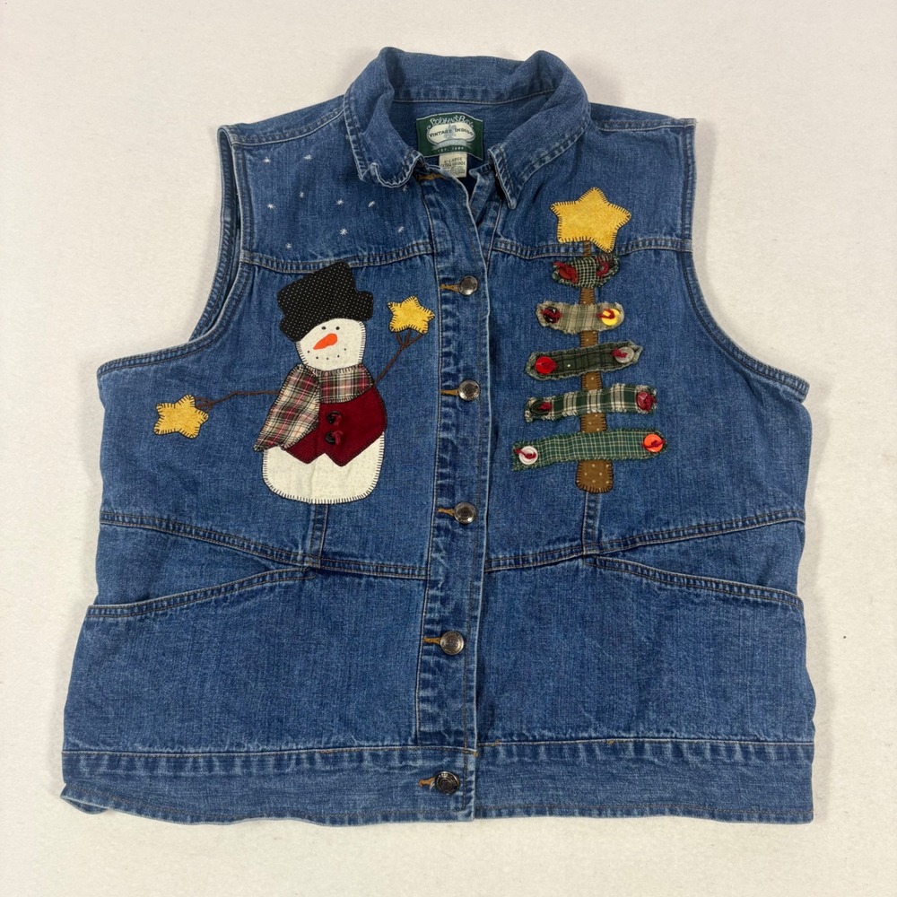 VTG 90s Denim Vest Womens XL Blue Christmas Snowman Tree Grannycore Patchwork
